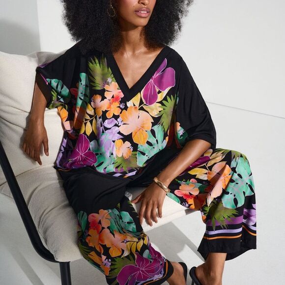 Joseph Ribkoff Black/Multi Floral Print Boxy Top Style 252218 Size XXL - Picture 3 of 7